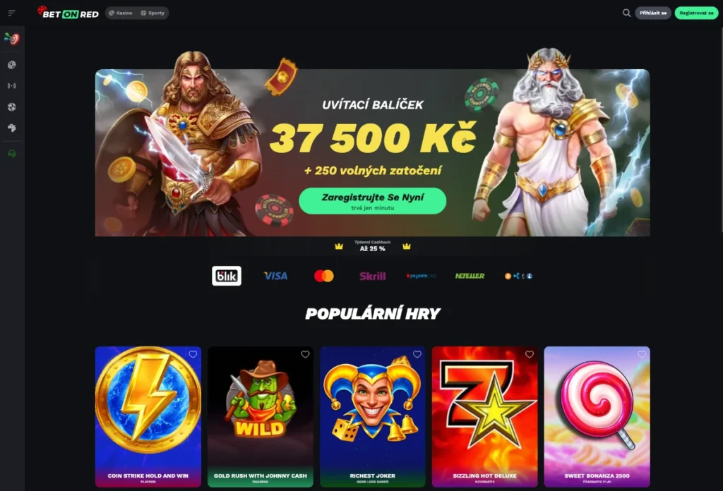České rozhraní Bet On Red s uvítacím bonusem, platbami a hrami
